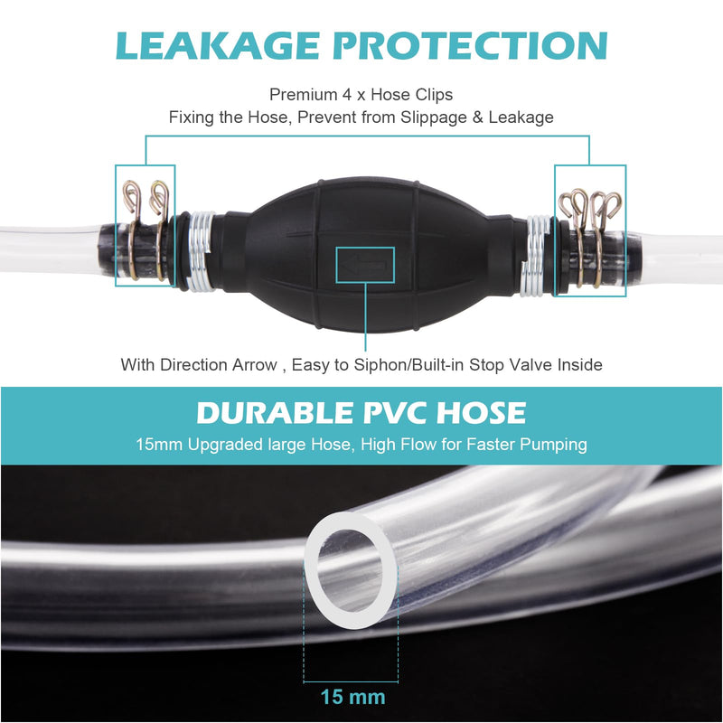 Gas Siphon Hose Pump, Manual Hand Water pump, Gasoline Transfer Pump for water Gas Oil Petrol Diesel, Fuel Siphon Pump with 2 Durable PVC Syphon Hoses, HH016