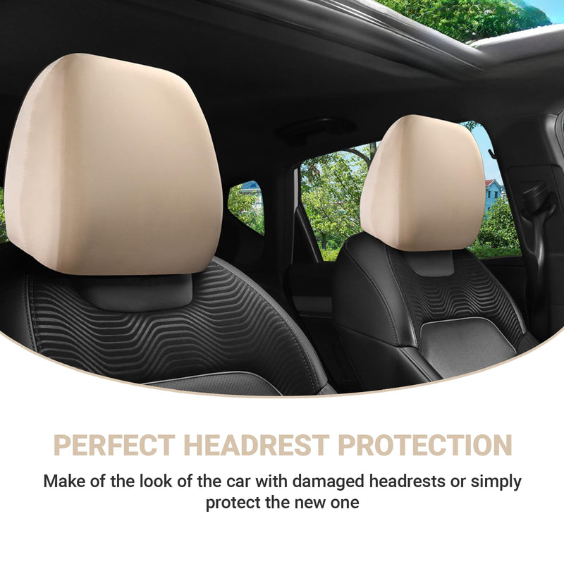 Car Seat Headrest Cover, 2 PCS Stretch Breathable Car Head Rest Protector, Universal Soft Head Rest Dust Cover, Reusable Flexible Headrest Protector for Most Cars, Vans, Trucks (Beige) Beige