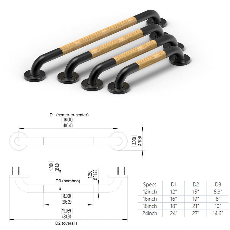 Safety Grab Bar for Bathroom & Toilet, Natural Bamboo Handle, ADA Compliant Balance Assist Handrail for Handicap and Seniors, 12in Matte Black
