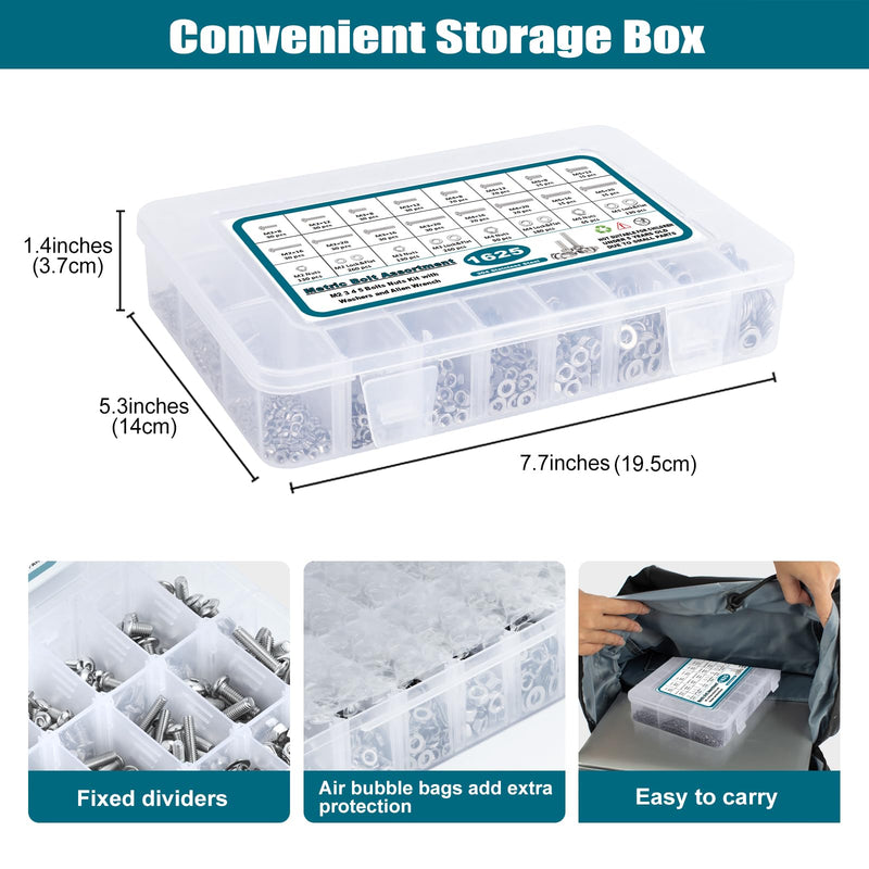 SATANTECH 1625Pcs M2 M3 M4 M5 Metric Screw Assortment,304 Stainless Steel Metric Bolts and Nuts Assortment Kit,Hex Socket Button Head Metric Machine Screws with Flat and Lock Washers Silver Hex Button Head Screw kit