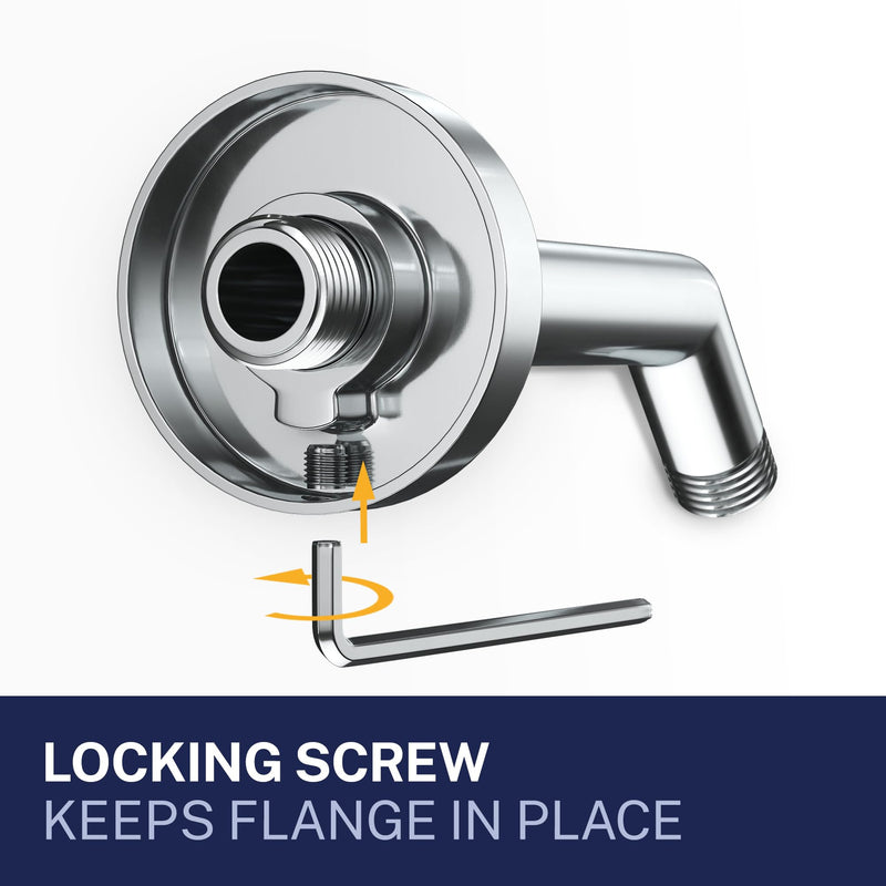 HammerHead® Solid Metal Shower Arm and Flange - 7.5 Inch 304 Stainless Steel Extension Pipe - Universal Shower Head Arm with Flange and Locking Screw, Chrome