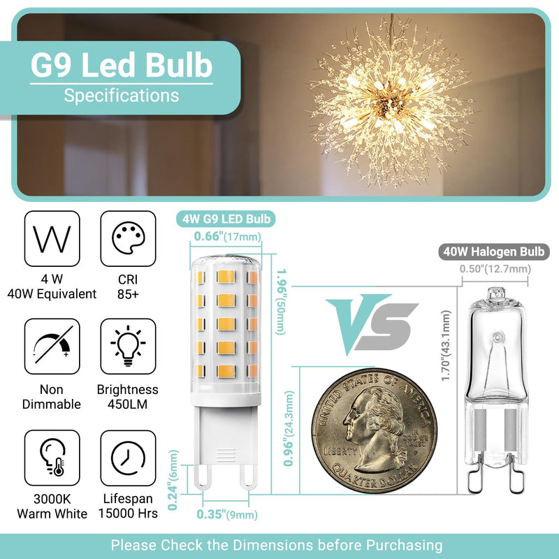 TJOY 20 Pack G9 LED Bulb 4W, 40 Watt Equivalent Halogen, 3000K Warm White Chandelier Light Bulbs, T4 G9 Bi-pin Base for Crystal Chandelier Home Lighting, 360 Degree Angle, 120V,Non-dimmable Non-dimmable
