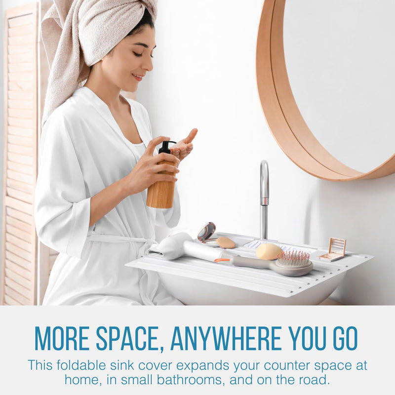 Maplefield Bathroom Sink Cover & Silicone Makeup Mat - White, 22" x 15" x 2" Inches - Heat Resistant to 400°F - Foldable Roll-Up Design with Raised Ridges - Space-Saving Countertop Mat Large