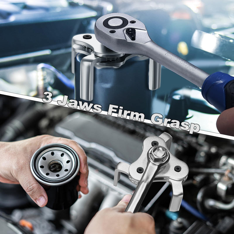 Universal Oil Filter Wrench Adjustable, from 2-1/2 inch to 4.5 inch 3 Jaw Oil Filter Removal Tool Set, Efficiency 2 Way Oil Filter Wrench Silver