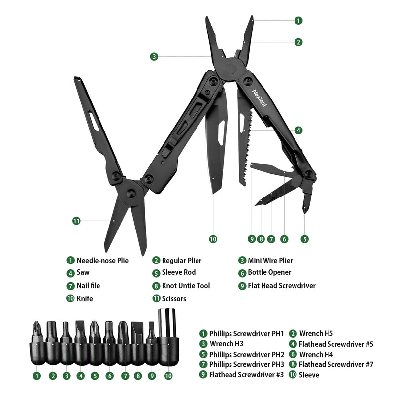 NexTool Multitool, 11 in 1 Multi Tool with Needle Nose Pliers, Scissors and Screwdriver Bits, Stainless Steel Multi Tool Pocket Knife with Safety Locking for Camping,Fishing,Hiking, Mens Gifts Unique Full Size Black Knight Pliers
