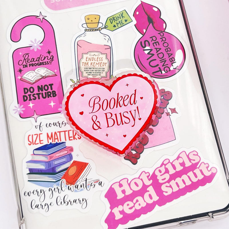 Cute Pink Heart Expandable Collapsible Grip, for with Kindle E-Readers, iPhones and Smartphones,Rotating Folding Elastic Base, A Gift for Book Lover Booked&Busy