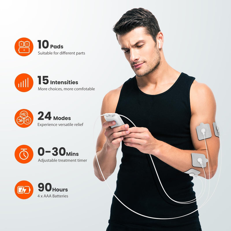 iHealth Dual-Channel TENS Unit Muscle Stimulator, Customizable Pain Relief for Back, Shoulder, Neck, Sciatica and More - 24 Modes, 15 Intensities, 90-Hour Battery Life, Multi-Size Electrode Pads