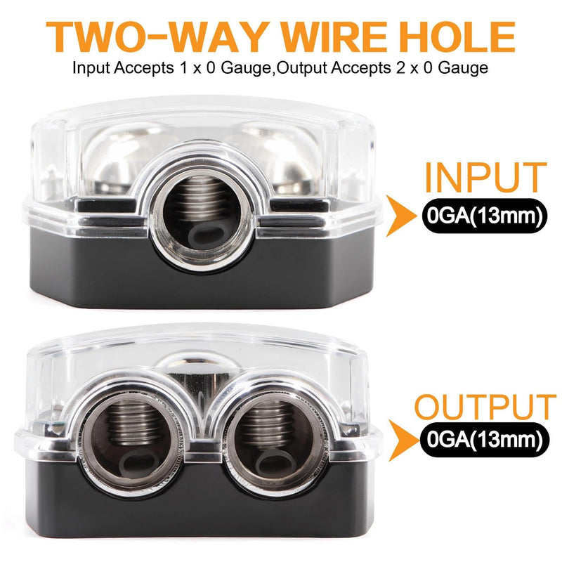 2 Way Power Distribution Block 1x 0 Guage in 2X 0 Guage Out Circuit Protector Distribution Connecting Blocks for Car Audio Splitter with Installation Accessories 2Ways-Kit4