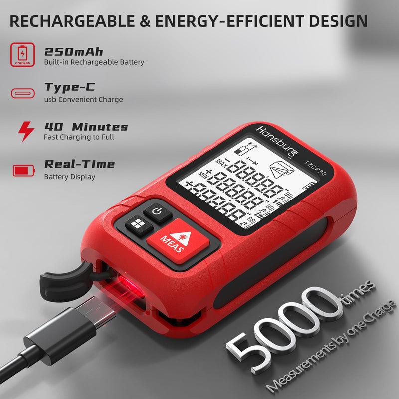 Hansburg Laser Measurement Tool 98 Ft / 30m 8-in-1 Modes Digital Laser Tape Measure Portable Chargeable Medidor Laser for Length, Area, Wall Area, Volume and 4 Pythagorean Modes with IP65 Waterproof