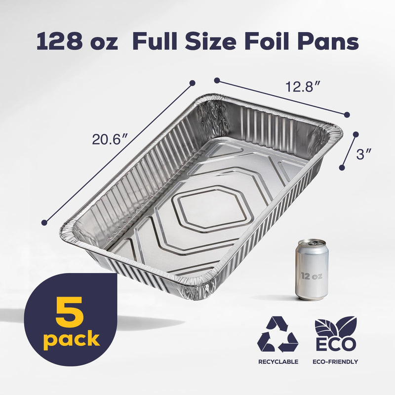 Fit Meal Prep 5 Pack Full Size Aluminum Foil Pans 21"x13", Heavy Duty Large Disposable Roasting Pans for Cooking, Serving, Freezing, Baking Pan Trays for Catering, Meal Prep, and Food Storage
