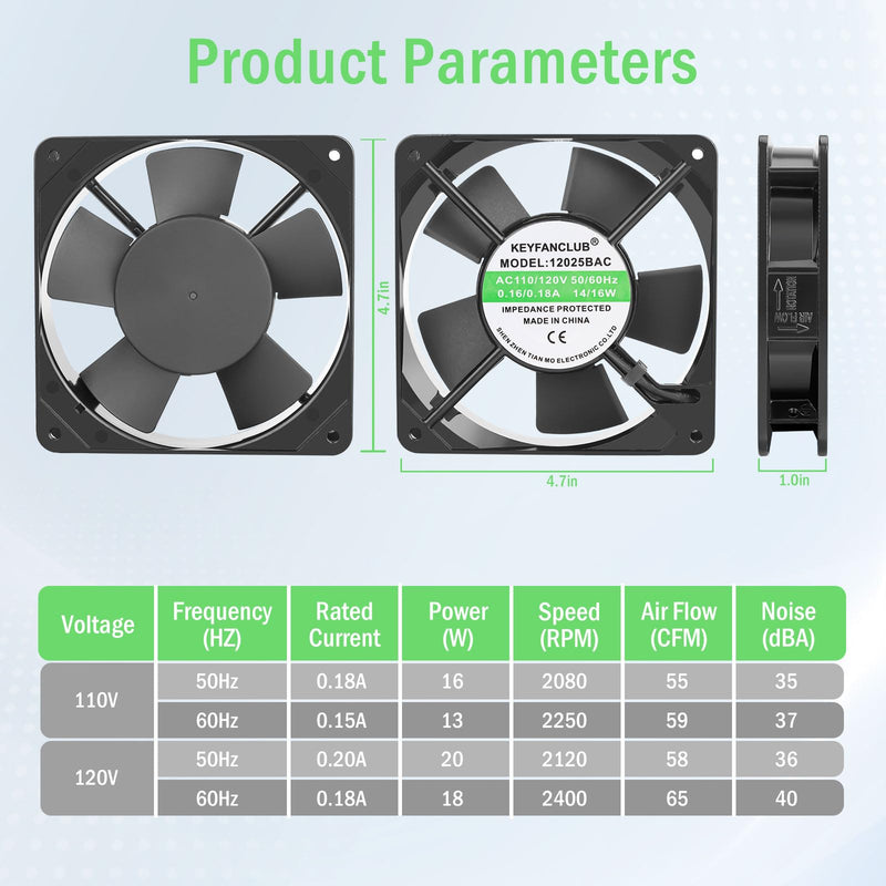 Axial Muffin Small Computer Fan with AC Plug 110V 120V AC 120mm x 25mm Dual Ball for DIY Cooling Ventilation Exhaust Projects 120x120x25mm