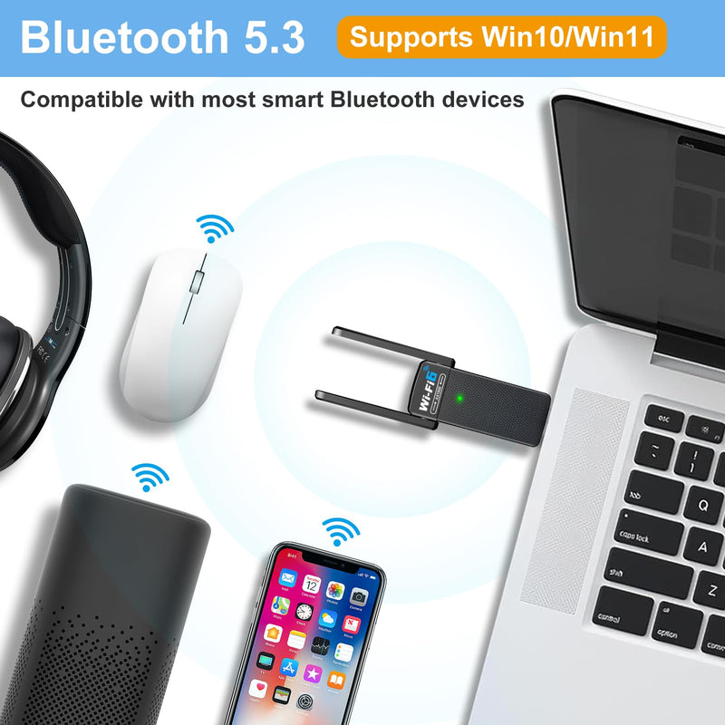 USB WiFi 6 Adapter with Bluetooth 5.2, Dual 3dBi Antennas for 5GHz/2.4GHz Wireless Network - High-Speed Dual Band Adapter for Desktop PC, Laptop, Windows 11/10/7, Gaming/Streaming Compatible Black