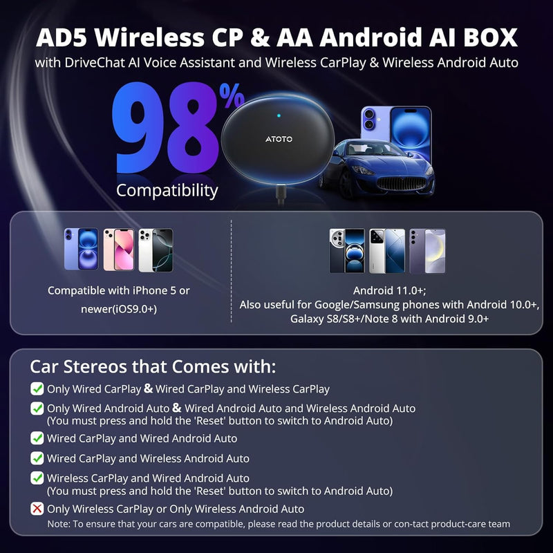 AI CarPlay Box Dual-WiFi Wireless CarPlay&Android Auto Adapter | Built-in Android Multimedia System, Video & Music Apps, Navigation, AI Voice, Support Factory Wired CarPlay/Android Auto Black