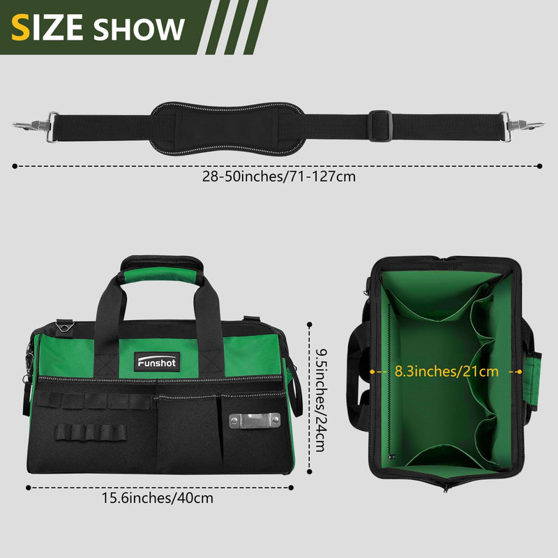 16 Inch Heavy Duty Tool Bag, Compact Tool Organizer with 17 Pockets, Wide Mouth Tool Tote with Adjustable Shoulder Strap, Portable Work Bag for Electricians, Mechanics, Contractors, DIY & Home Repair Green 15.6"L x 8.3"W x 9.5"H