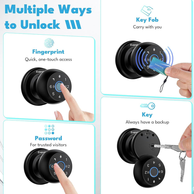 Upgrade Wateproof Smart Door Knob, Door Knob with Lock,Fingerprint Door Locks, Keyless Thumbprint Entry Door Locks for Bedrooms, Front Door, Hotel, Apartment Black 1