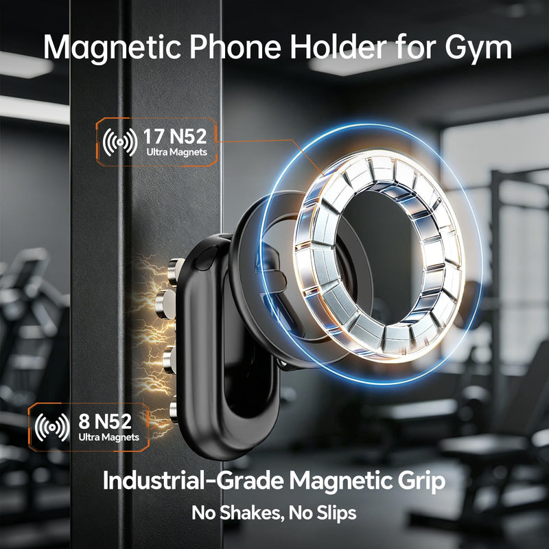 Magnetic Phone Holder for Gym, Zinc Alloy N52 Magnet, Gym Phone Holder for Watch & Record Workouts, Ultra Slim Foldable Design, Black, Compatible MagSafe iPhone 17-12, Magnetic Mount, Car Golf Cart