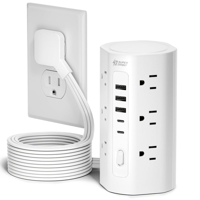 SUPERDANNY Tower Power Strip, 10Ft Extension Cord, 1700J, 12 AC 5 USB,White | 3 USB A, 2 USB C, Surge Protector Power Tower, Flat Plug, Desk Charging Station with Multiple Outlets, Home Office Dorm Room White 10 FT