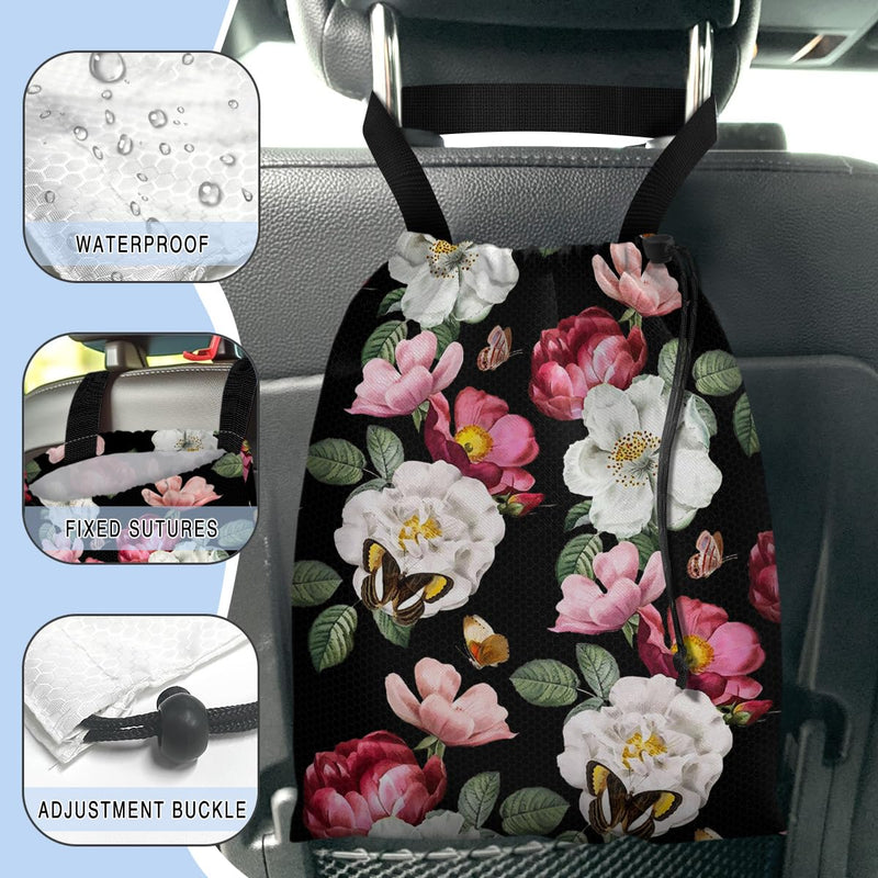 Car Trash Bag Hanging Back of Seat Waterproof Small Cute Printed One-handed Strap Drawstring Garbage Bags for Car-Black Floral Black Floral Car Trash Bag