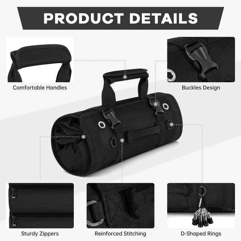 ANILD 13 Inch Roll Up Tool Bag Organizer, Heavy Duty Portable Tool Roll Organizer Bag with 2 Detachable Pouches, Father’s Day Gift, Gifts for Men, Electrician, Mechanic & Hobbyist (Black, Regular) Black