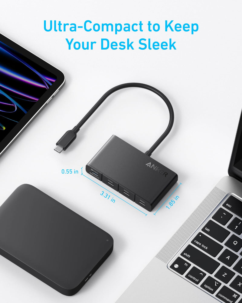 Anker USB-C Hub, Fast 10Gbps USB 3.2 Display Hub, USB-C to 4-Port Hub with 100W Max PD-in for MacBook Pro, iPad, iPhone 15, Surface Pro, Dell and More