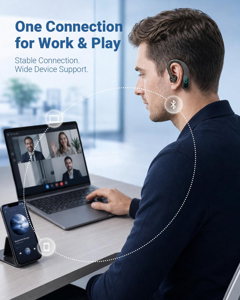 Xmenha Bluetooth Earpiece Hands Free Blue Tooth Headset with Noise Canceling Mic Ear Piece One Single Ear Bluetooth Earbud Wireless Office Cell Phone Trucker Headsets for Work Black