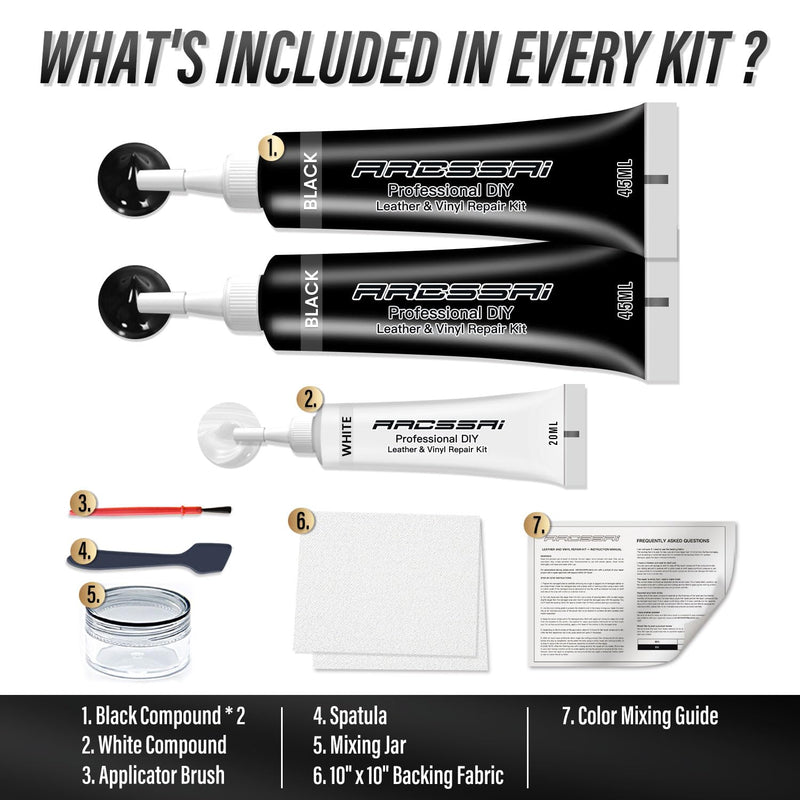 ARCSSAI Black Leather Repair Kit for Furniture, Car Interior, Car Seats, Sofa, Jacket and Purse, Vinyl Repair Kit for Tears & Burn Holes, with Color Matching Guide & Super Easy Instructions