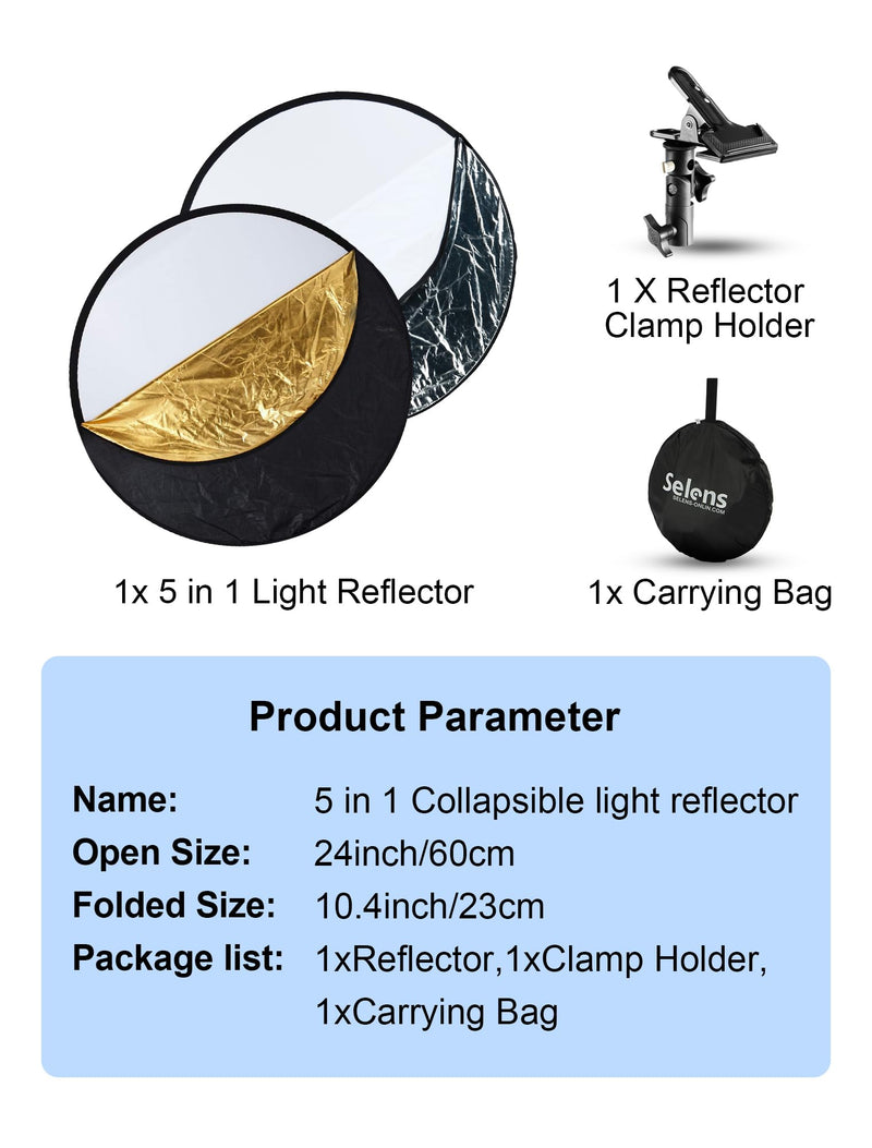 Selens Portable 24inch/60cm Light Reflector with Clamp,5 in 1 Collapsible Multi Disc Photography Reflector Translucent,Silver,Gold,White,Black for Studio Photography Lighting and Outdoor Lighting 5 in 1 24inch with clamp