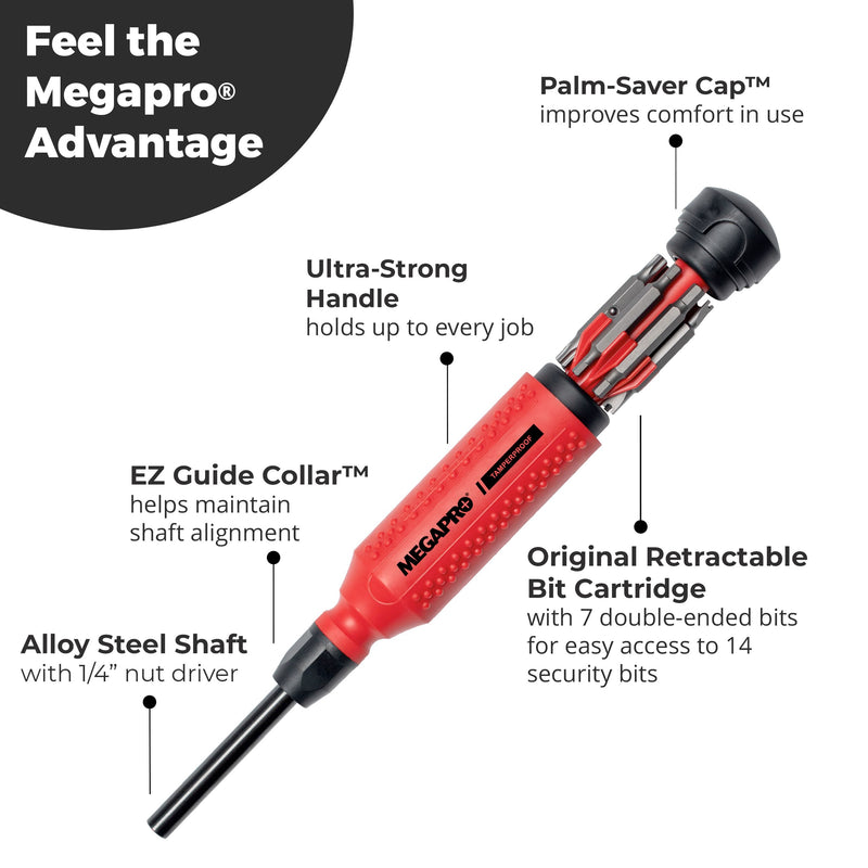 Megapro Tamperproof Security Screwdriver Set | Multi-Bit Screwdriver with ¼” Hex Shaft | Hex Pin, Spanner, Torx Pin | Compact Security Bit Set (The Original)