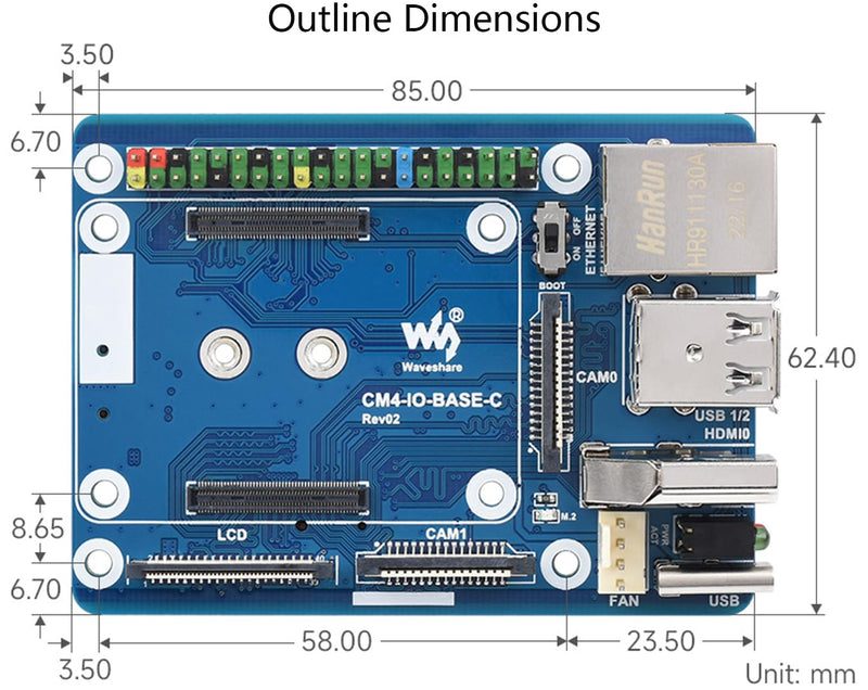 CM4 Base Board (Advanced C Version) for Compute Module 4, with Raspberry Pi 40PIN GPIO Header/MIPI CSI Camera Ports/LCD Display Port/Fan/HDMI/USB/Gigabit Ethernet RJ45 Connector C Version Base Board
