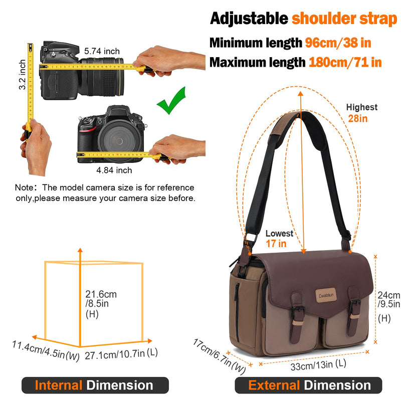 Cwatcun Large Camera Messenger Bag, Waterproof Crossbody Case with Tripod Holder Brown L