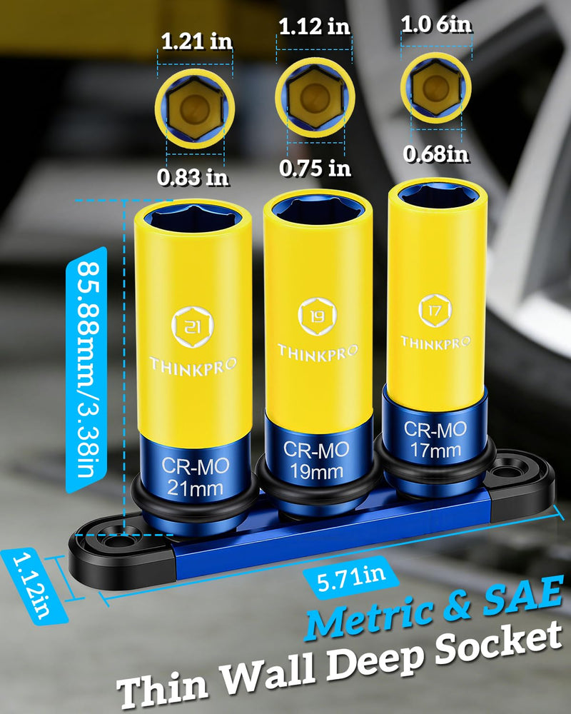 1/2" Drive Lug Nut Socket Set, 17/19/21 mm Wheel Socket | Non Marring, Thin Wall, CR-MO Steel, Hex Lug Nut Removal 3PC