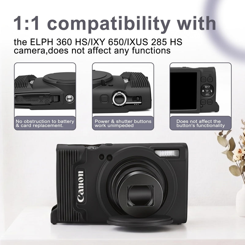 Case for Canon PowerShot ELPH 360 HS/IXY 650/IXUS 285 HS Camera | Soft Silicone Protective Case Removable Lens Cover,Comes with 2 Screen Protectors and 1 Wrist Strap (Black) Black