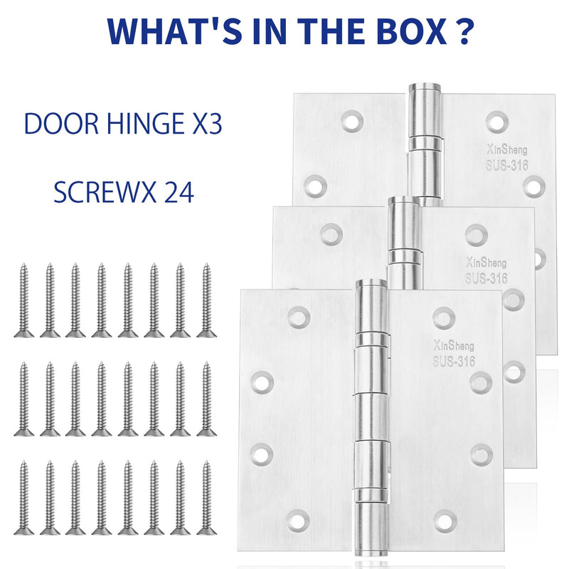 4.5" 316 Marine Grade Door Hinges XINSheng Heavy Duty Exterior 3 Pack | Ball Bearing Design | 220 LBS Capacity | Security Pin | Coastal & High-Salt Resistant | Perfect for Outswing Doors & Gates