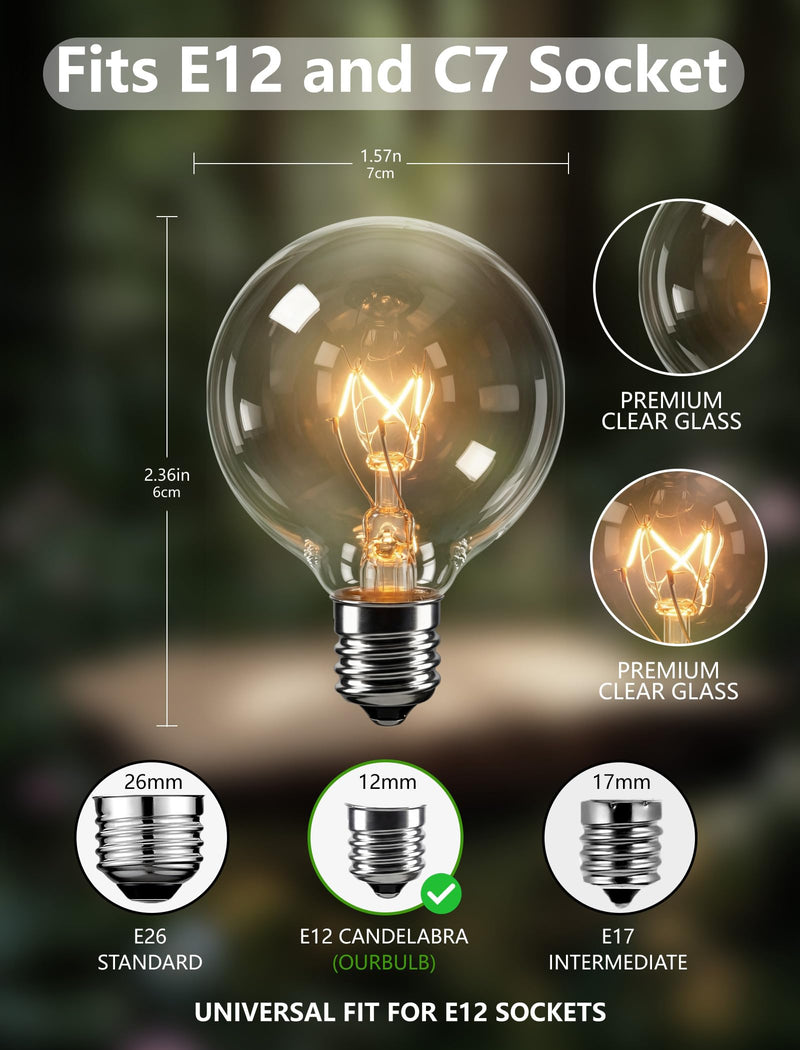 50 Pack G40 Replacement Bulbs for Outdoor String Lights, 5W Clear Incandescent Globe Bulbs with E12 Base, Dimmable Patio & Backyard Decor 5.0 Watts