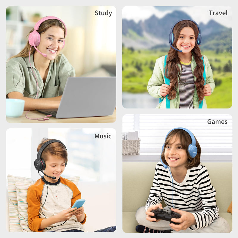 SIMOLIO-USB-C-Wired-Headphone for-School with Boom-Microphone & Mute Button | Portable Over-Ear Kids Gaming Headsets with 3 Level Safe Volume,Bag for Students K12,Boys,Travel,iPad,Galaxy,iPhone,Tablet