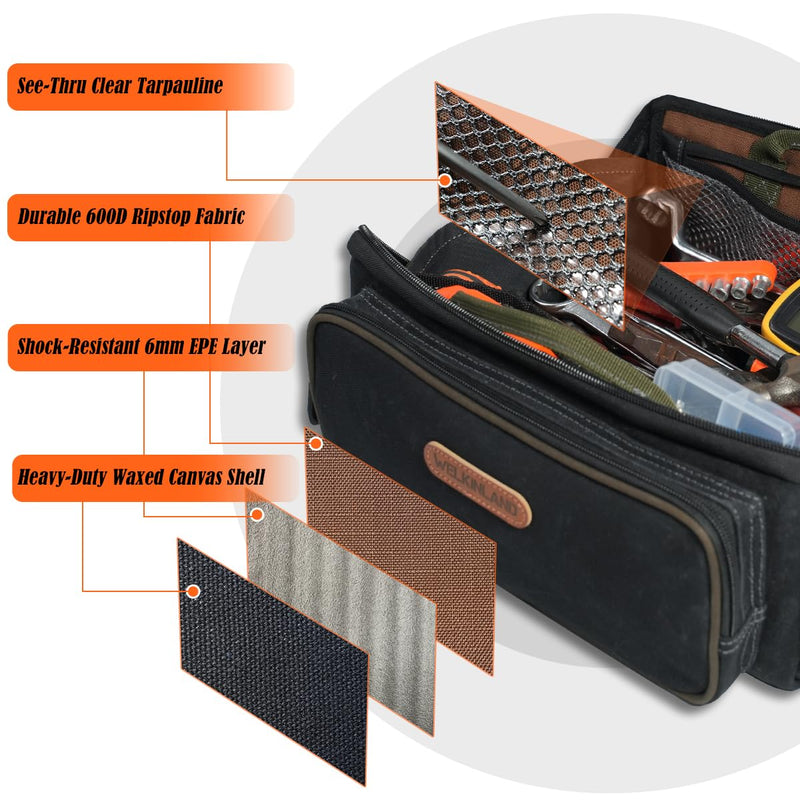 WELKINLAND LayFlat Tool Pouch Organizer, 13-Inch Small Tool Bag, Heavy-Duty Waxed Canvas Tool Pouch, 5-Pocket Small Tool Bags with Zipper, Wide-Open Electrician Tool Bag