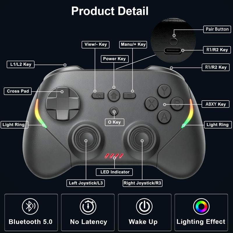 Megadream Phone Controller for PC/Switch 2|Swith/Android/iPad/Tablet/iPhone Controller - RGB light - Hall Effect Trigger/Joystick - Call of Duty, Roblox, Genshin Impact, Direct Play Black