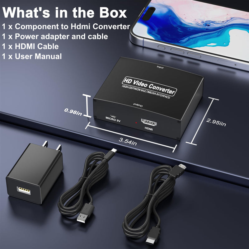 Component to HDMI Converter, RGB Audio Adapter, YPbPr Video to HDMI 1080P | Legacy Device Compatibility, Plug & Play, Power Adapter Included, Aluminum Alloy Shell