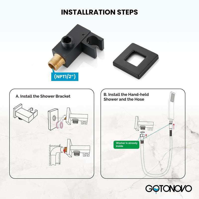 gotonovo Wall Mount Solid Brass Matte Black Bathroom System Square Hand Held Shower Head With Wall Connector and Hose Set Handheld Combo Set