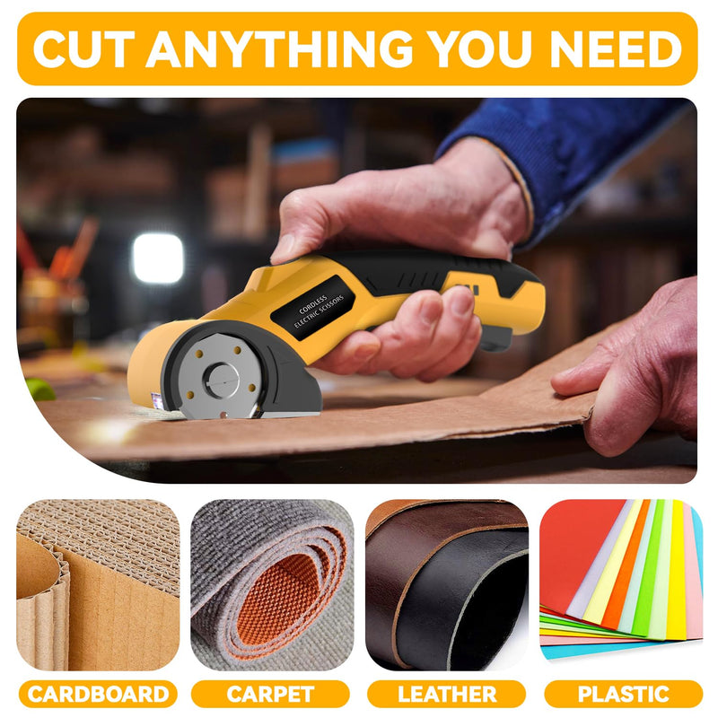 Cordless Electric Scissors,4V Rechargeable Cardboard Cutter Heavy Duty Scissor with Safety Lock & LED Light for Box Carpet Plastic Fabric(Yellow)