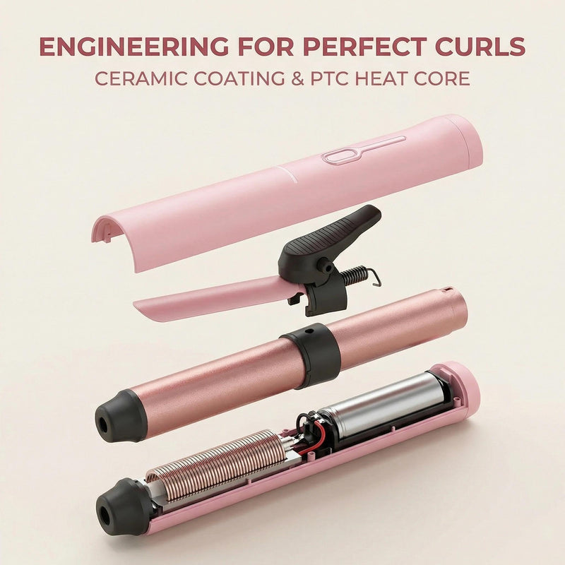 Mini Cordless Curling Wand - Rechargeable Travel Curling Iron with 3 Temperature Levels, Fast Heating & Ceramic Coating Perfect for Short & Medium Hair (Pink)