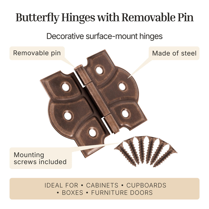 Antique Copper Butterfly Hinges with Removable Pin - Pack of 16 - Surface Mount Cabinet Door Hinges - UA-261-HAC (8) 8 Antique Copper