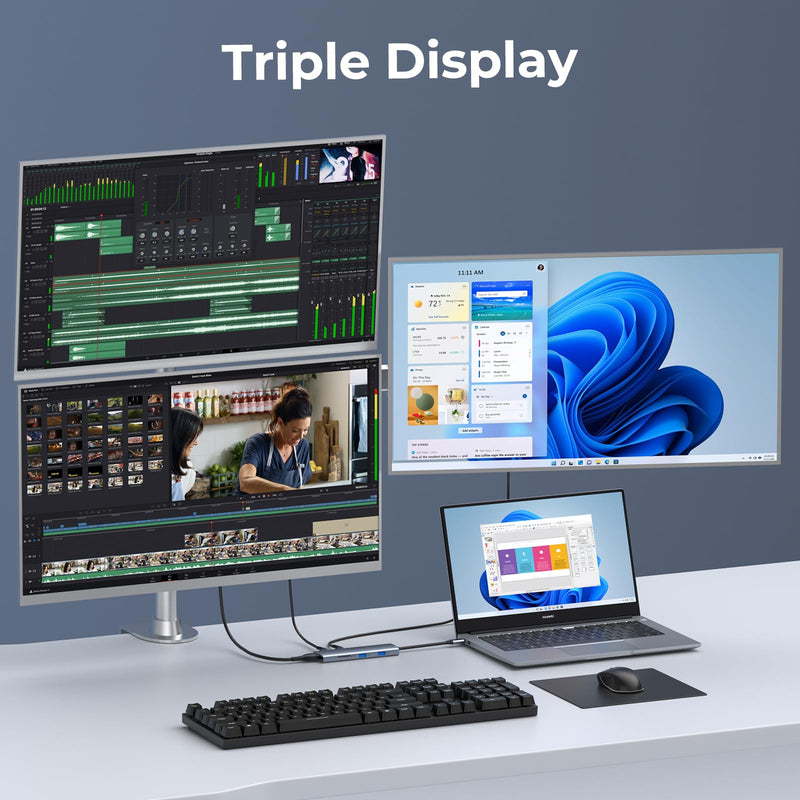 Versatile USB C Video Hub 3 Monitors Docking Station with DP Alt Dual 4K@30Hz, HDMI, 100W PD, 10Gbps*6Ports, SD 4.0, Laptop Docking Station for Dell, HP, ASUS, Steam Deck, Rog Ally, Legion Go,Samsung 8 IN 1