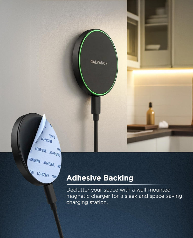 Galvanox Compatible with MagSafe Wall Mounted Magnetic Wireless Charger, (15W) Fast Charging, Stick-on Adhesive Design with Removable USB-C Cable (Black, 10 FT) Black