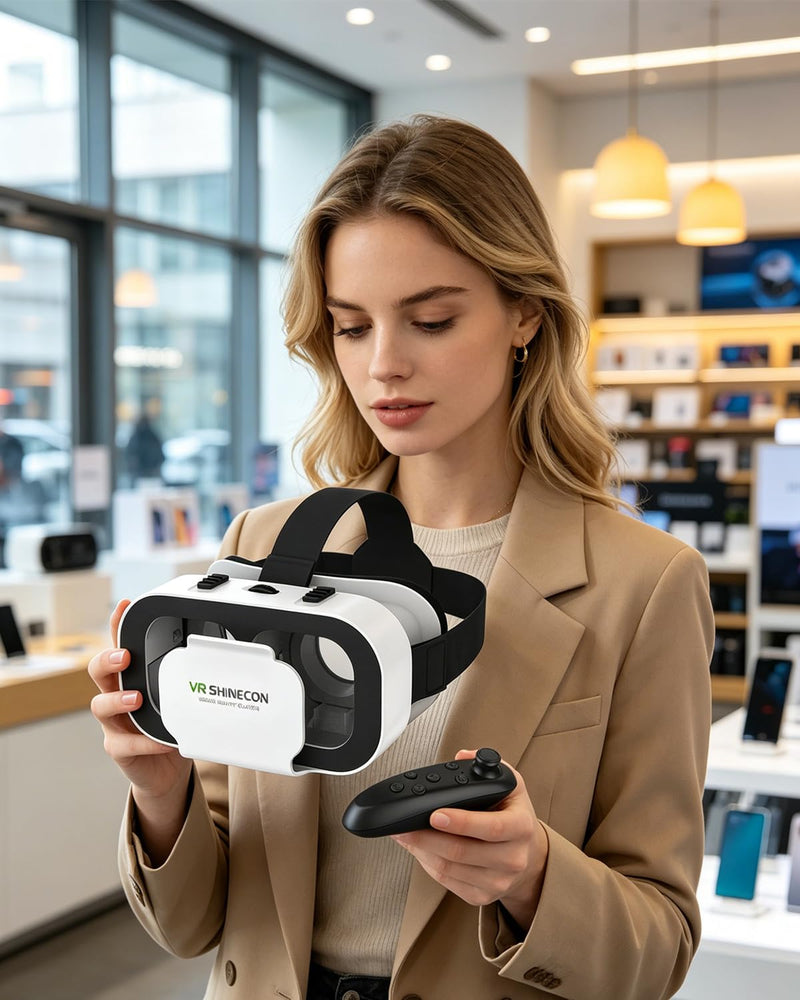 Virtual Reality Headset for 4.7-6.53 in Smartphones, Adjustable Focus and IPD, with Y1 Black Remote, White
