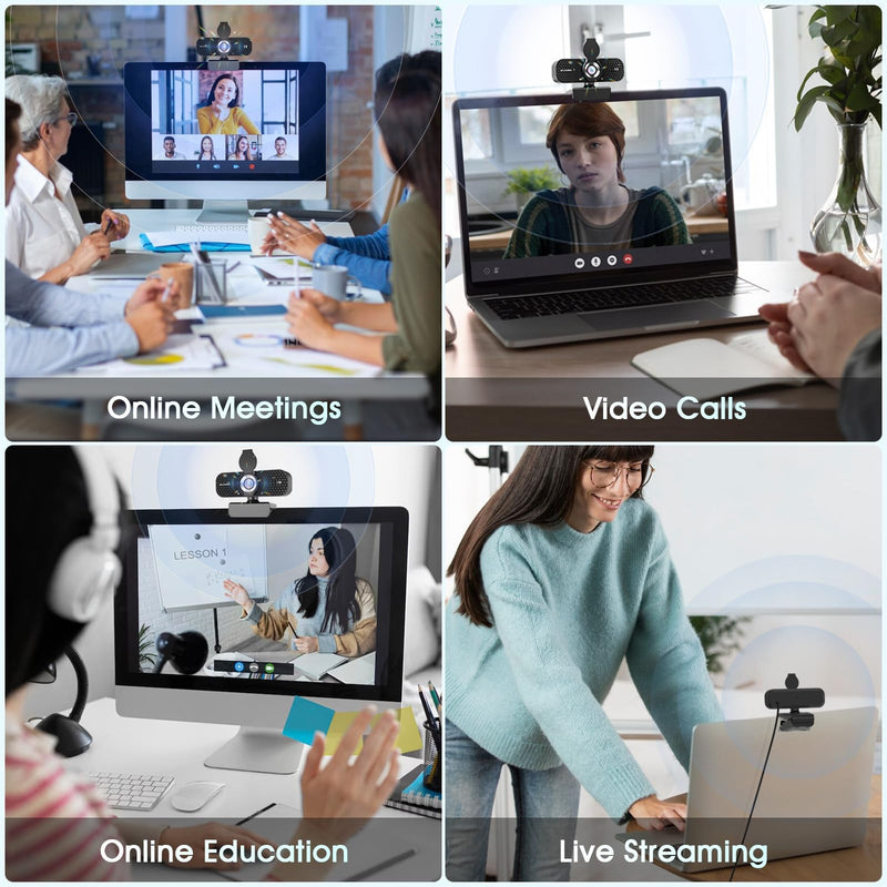 TRAUSI 2K Full HD Webcam with Auto Light Correction, Noise-Canceling Mic, Privacy Cover and Wide Angle Lens, Plug & Play USB Camera for Desktop/Laptop/Mac/PC, Compatible with Teams/Zoom/Streaming Jet Black