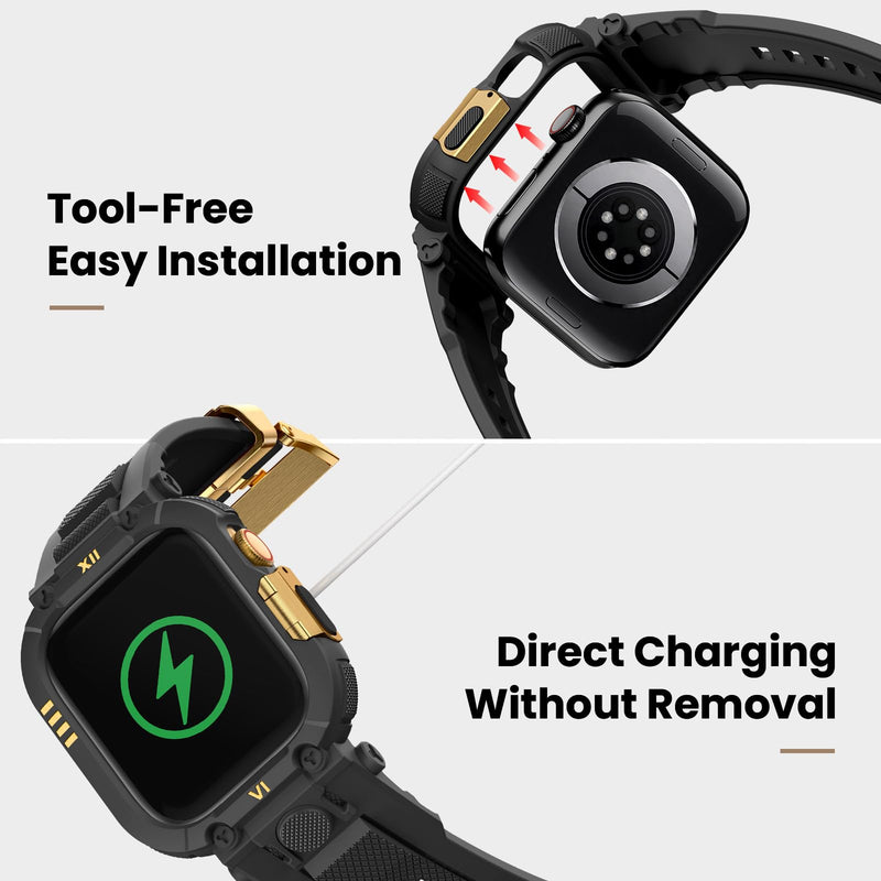 DABAOZA Rugged Sport Band with Case Compatible for Apple Watch 45mm 44mm | Shock&scratch resistant,men sport daily wear,fits 45mm 44mm,iWatch Series 9 8 7 6 5 4 SE 3 2,Black/Gold Black/Gold 45mm/44mm