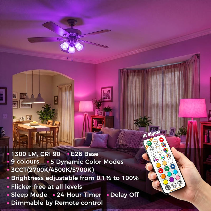 MELPO Led Light Bulb, 12W, 120 Watt Equivalent, 2700K/4500K/5700K 3CCT, 9 RGB Colors, Color Changing Light Bulb with Remote Control, DIY Flash/Sleep/Timer Mode, 1300LM, A19 E26 Light Bulbs (4 Pack) 4