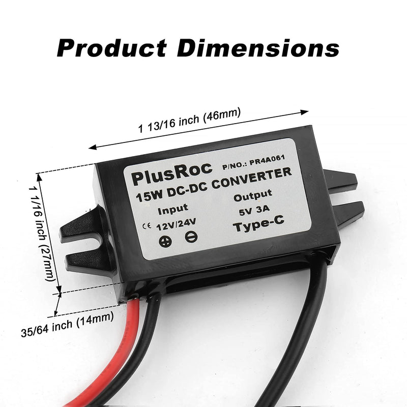 PlusRoc Waterproof 12V/24V to 5V Converter DC-DC Step Down Module Power Adapter Compatible with Raspberry Pi 4, Cellphone, Car (USB Type-C Connector) USB Type-C Connector