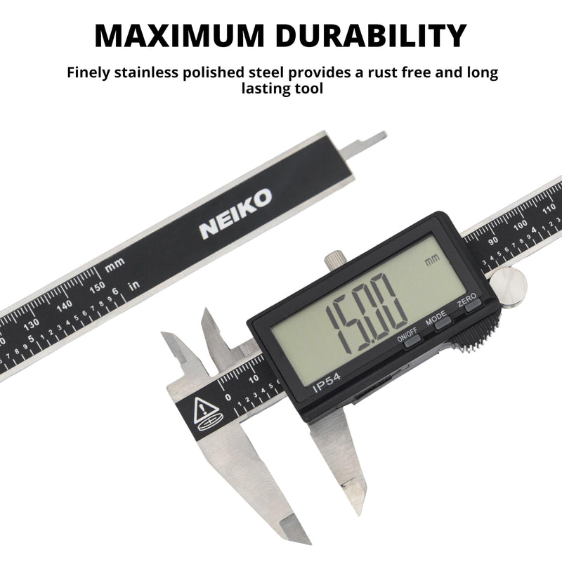 NEIKO 01401A 6-Inch Electronic Digital Caliper, Stainless Steel, Extra Large LCD Screen, Measurement Conversions for Inches, Millimeters, and Fractions 6 Inch, XL Screen